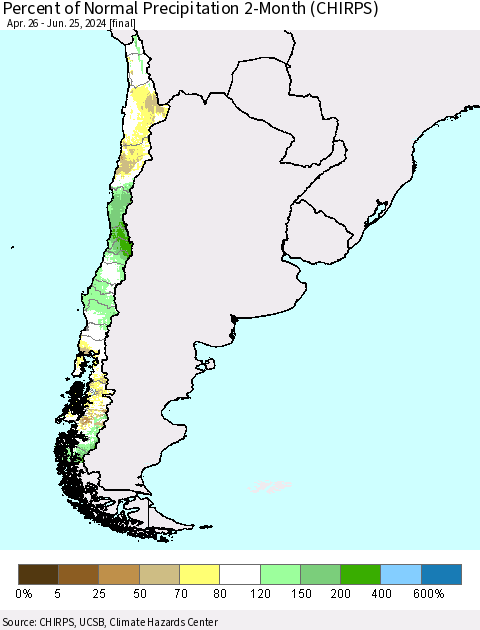Chile Percent of Normal Precipitation 2-Month (CHIRPS) Thematic Map For 4/26/2024 - 6/25/2024