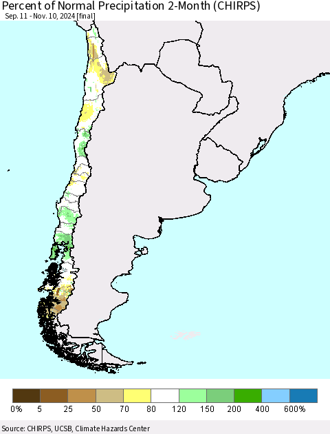 Chile Percent of Normal Precipitation 2-Month (CHIRPS) Thematic Map For 9/11/2024 - 11/10/2024