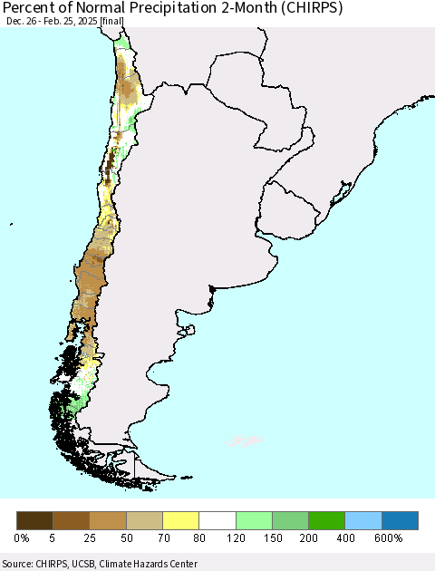 Chile Percent of Normal Precipitation 2-Month (CHIRPS) Thematic Map For 12/26/2024 - 2/25/2025