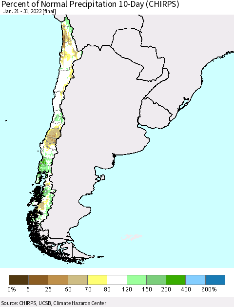 Chile Percent of Normal Precipitation 10-Day (CHIRPS) Thematic Map For 1/21/2022 - 1/31/2022