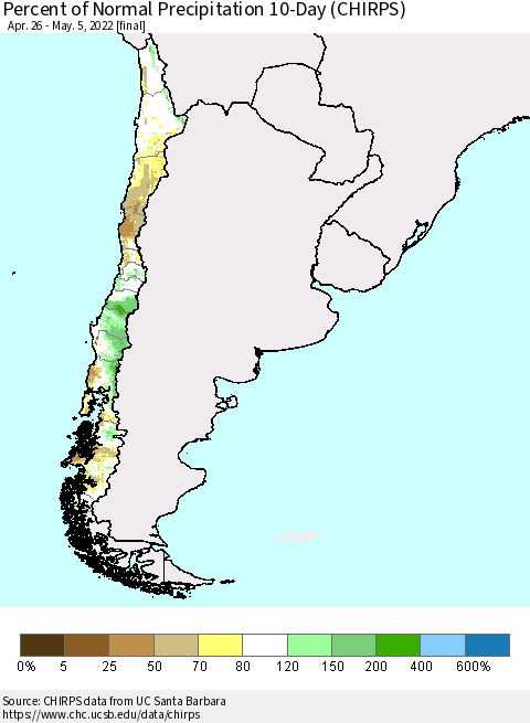 Chile Percent of Normal Precipitation 10-Day (CHIRPS) Thematic Map For 4/26/2022 - 5/5/2022