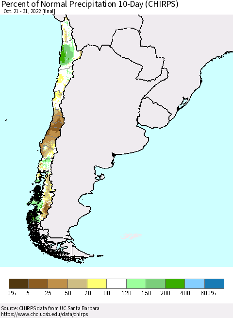 Chile Percent of Normal Precipitation 10-Day (CHIRPS) Thematic Map For 10/21/2022 - 10/31/2022