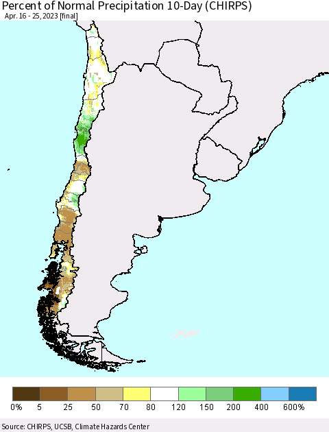 Chile Percent of Normal Precipitation 10-Day (CHIRPS) Thematic Map For 4/16/2023 - 4/25/2023