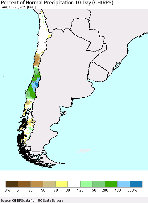 Chile Percent of Normal Precipitation 10-Day (CHIRPS) Thematic Map For 8/16/2023 - 8/25/2023