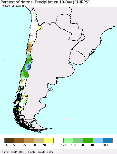 Chile Percent of Normal Precipitation 10-Day (CHIRPS) Thematic Map For 8/16/2023 - 8/25/2023