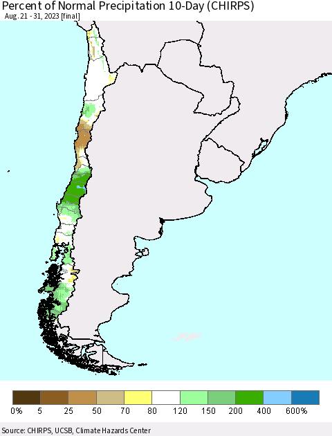 Chile Percent of Normal Precipitation 10-Day (CHIRPS) Thematic Map For 8/21/2023 - 8/31/2023