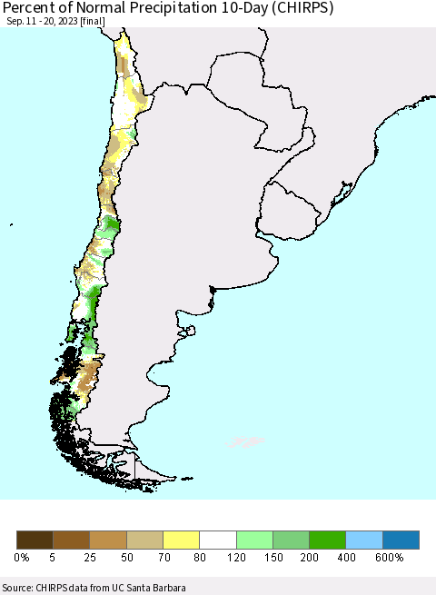 Chile Percent of Normal Precipitation 10-Day (CHIRPS) Thematic Map For 9/11/2023 - 9/20/2023