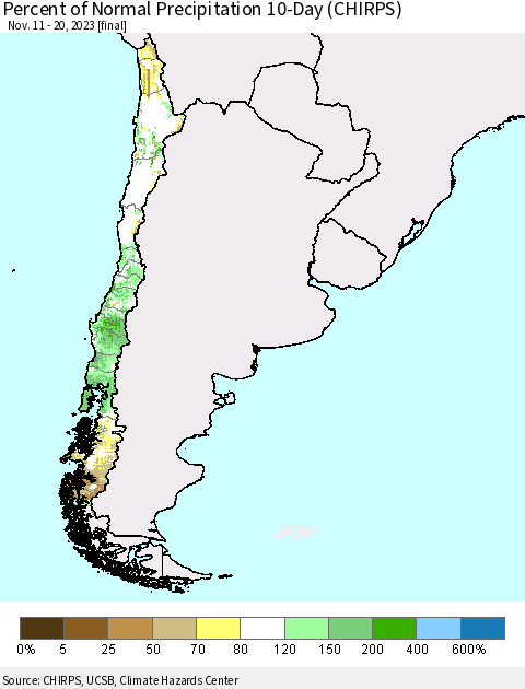 Chile Percent of Normal Precipitation 10-Day (CHIRPS) Thematic Map For 11/11/2023 - 11/20/2023