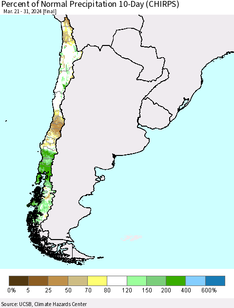 Chile Percent of Normal Precipitation 10-Day (CHIRPS) Thematic Map For 3/21/2024 - 3/31/2024