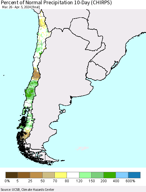 Chile Percent of Normal Precipitation 10-Day (CHIRPS) Thematic Map For 3/26/2024 - 4/5/2024