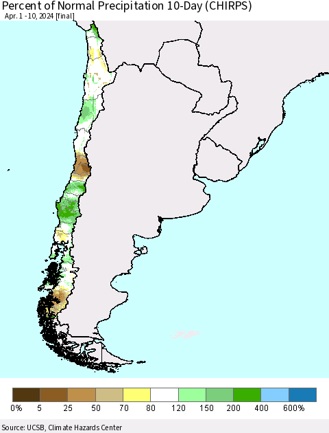 Chile Percent of Normal Precipitation 10-Day (CHIRPS) Thematic Map For 4/1/2024 - 4/10/2024