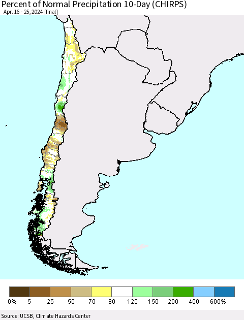 Chile Percent of Normal Precipitation 10-Day (CHIRPS) Thematic Map For 4/16/2024 - 4/25/2024