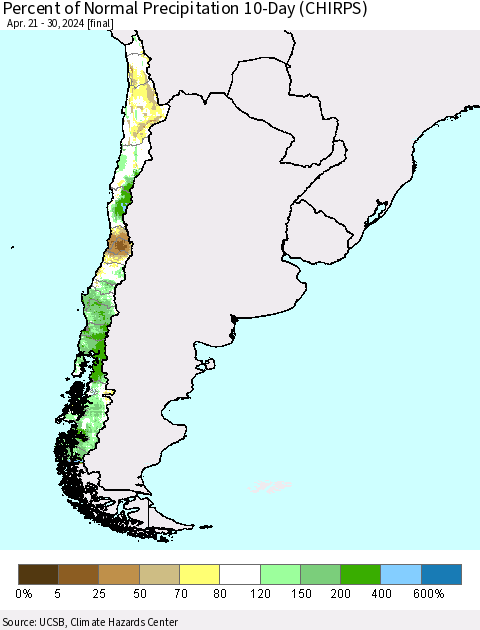 Chile Percent of Normal Precipitation 10-Day (CHIRPS) Thematic Map For 4/21/2024 - 4/30/2024