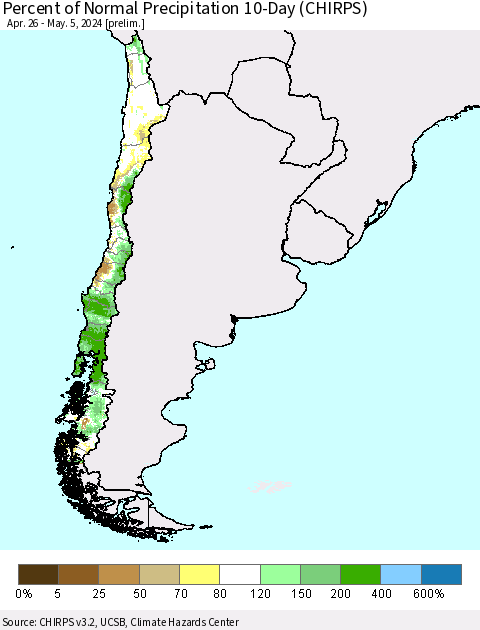 Chile Percent of Normal Precipitation 10-Day (CHIRPS) Thematic Map For 4/26/2024 - 5/5/2024