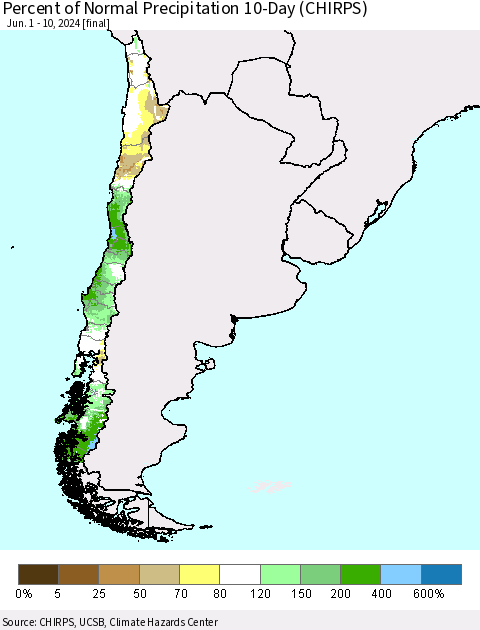 Chile Percent of Normal Precipitation 10-Day (CHIRPS) Thematic Map For 6/1/2024 - 6/10/2024