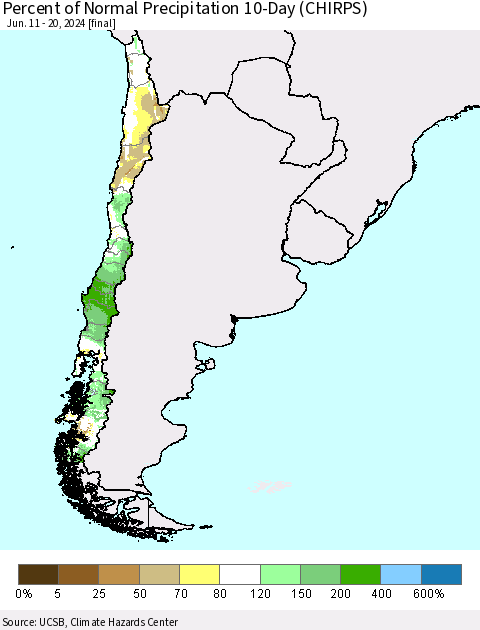 Chile Percent of Normal Precipitation 10-Day (CHIRPS) Thematic Map For 6/11/2024 - 6/20/2024