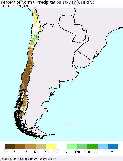Chile Percent of Normal Precipitation 10-Day (CHIRPS) Thematic Map For 7/11/2024 - 7/20/2024