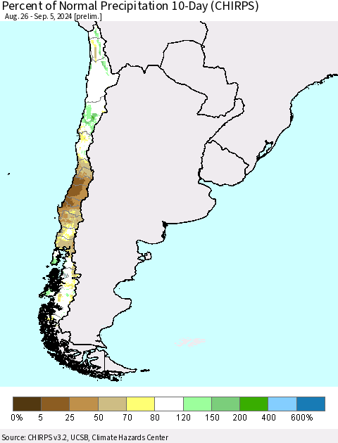 Chile Percent of Normal Precipitation 10-Day (CHIRPS) Thematic Map For 8/26/2024 - 9/5/2024