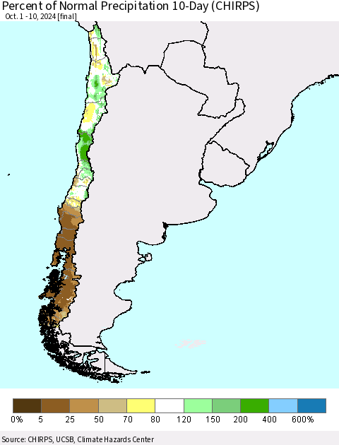 Chile Percent of Normal Precipitation 10-Day (CHIRPS) Thematic Map For 10/1/2024 - 10/10/2024