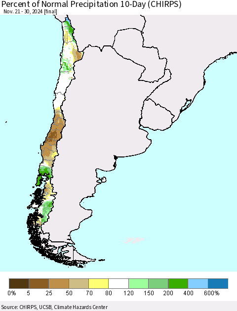 Chile Percent of Normal Precipitation 10-Day (CHIRPS) Thematic Map For 11/21/2024 - 11/30/2024