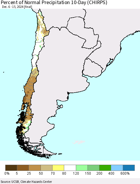Chile Percent of Normal Precipitation 10-Day (CHIRPS) Thematic Map For 12/6/2024 - 12/15/2024