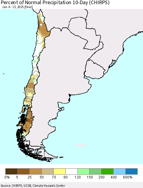 Chile Percent of Normal Precipitation 10-Day (CHIRPS) Thematic Map For 1/6/2025 - 1/15/2025