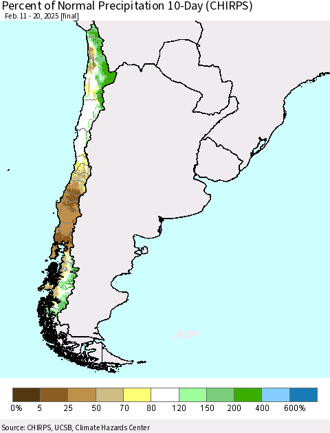 Chile Percent of Normal Precipitation 10-Day (CHIRPS) Thematic Map For 2/11/2025 - 2/20/2025