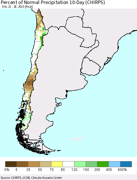 Chile Percent of Normal Precipitation 10-Day (CHIRPS) Thematic Map For 2/21/2025 - 2/28/2025