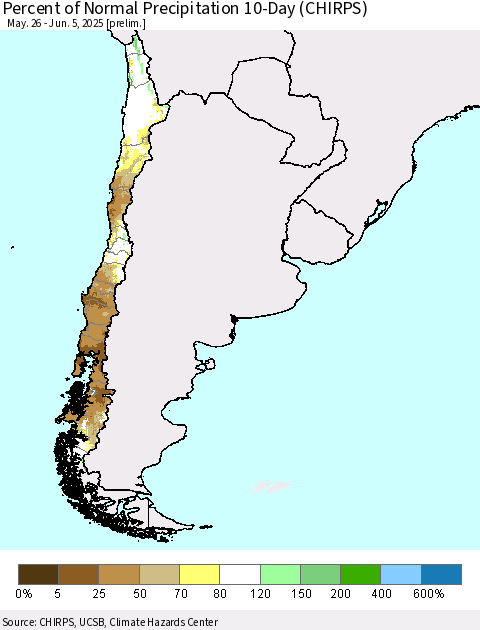 Chile Percent of Normal Precipitation 10-Day (CHIRPS) Thematic Map For 5/26/2025 - 6/5/2025