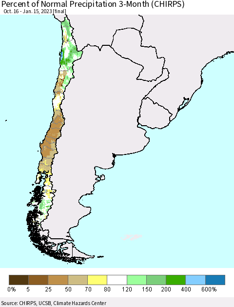 Chile Percent of Normal Precipitation 3-Month (CHIRPS) Thematic Map For 10/16/2022 - 1/15/2023