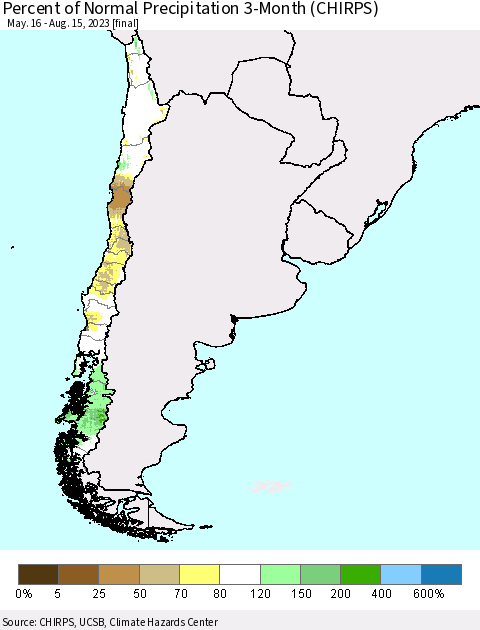 Chile Percent of Normal Precipitation 3-Month (CHIRPS) Thematic Map For 5/16/2023 - 8/15/2023