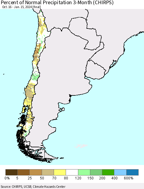 Chile Percent of Normal Precipitation 3-Month (CHIRPS) Thematic Map For 10/16/2023 - 1/15/2024