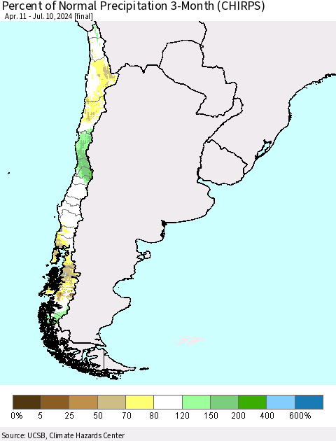 Chile Percent of Normal Precipitation 3-Month (CHIRPS) Thematic Map For 4/11/2024 - 7/10/2024