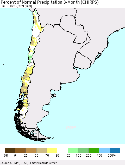 Chile Percent of Normal Precipitation 3-Month (CHIRPS) Thematic Map For 7/6/2024 - 10/5/2024