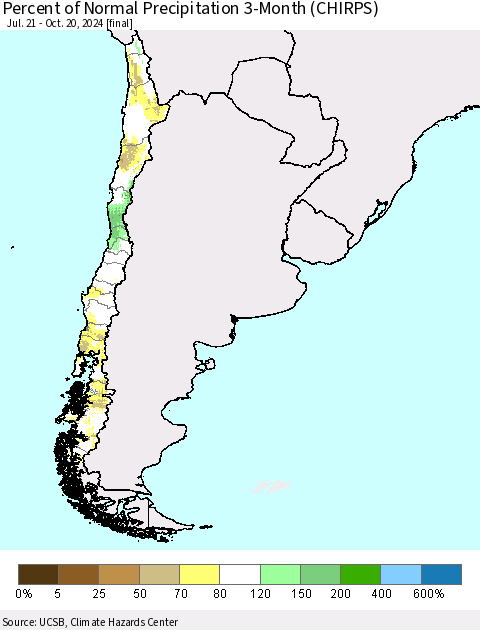 Chile Percent of Normal Precipitation 3-Month (CHIRPS) Thematic Map For 7/21/2024 - 10/20/2024