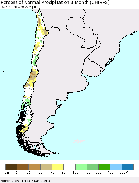 Chile Percent of Normal Precipitation 3-Month (CHIRPS) Thematic Map For 8/21/2024 - 11/20/2024