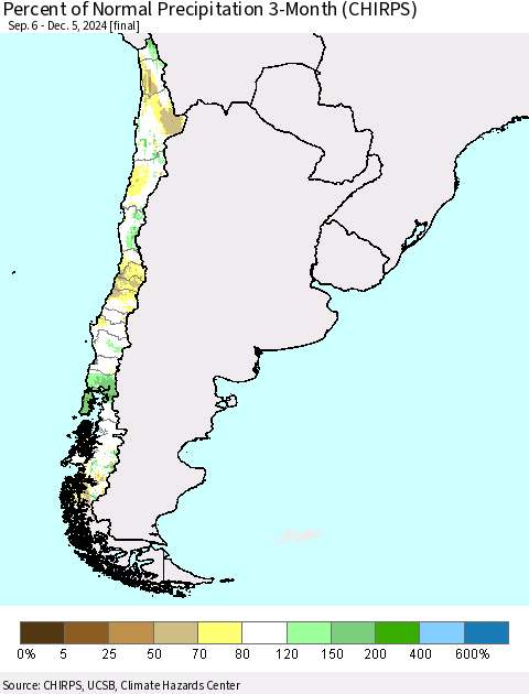 Chile Percent of Normal Precipitation 3-Month (CHIRPS) Thematic Map For 9/6/2024 - 12/5/2024