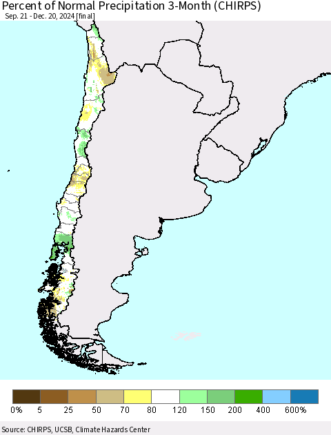 Chile Percent of Normal Precipitation 3-Month (CHIRPS) Thematic Map For 9/21/2024 - 12/20/2024