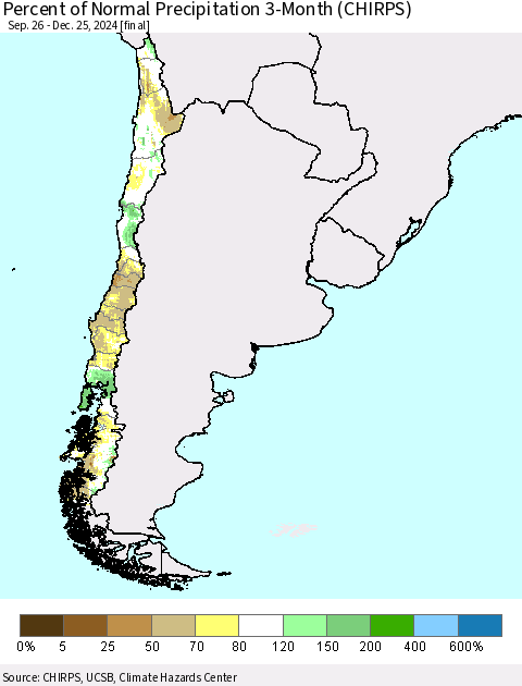Chile Percent of Normal Precipitation 3-Month (CHIRPS) Thematic Map For 9/26/2024 - 12/25/2024