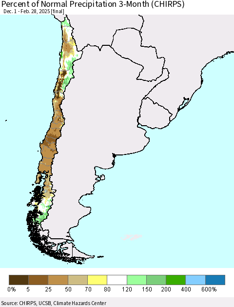 Chile Percent of Normal Precipitation 3-Month (CHIRPS) Thematic Map For 12/1/2024 - 2/28/2025