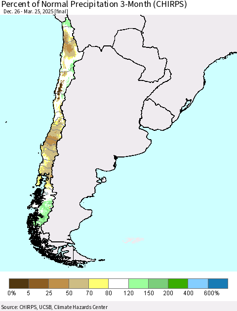 Chile Percent of Normal Precipitation 3-Month (CHIRPS) Thematic Map For 12/26/2024 - 3/25/2025
