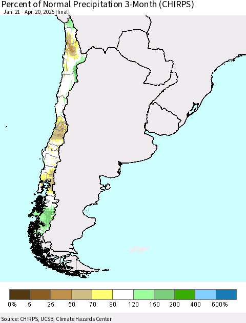 Chile Percent of Normal Precipitation 3-Month (CHIRPS) Thematic Map For 1/21/2025 - 4/20/2025