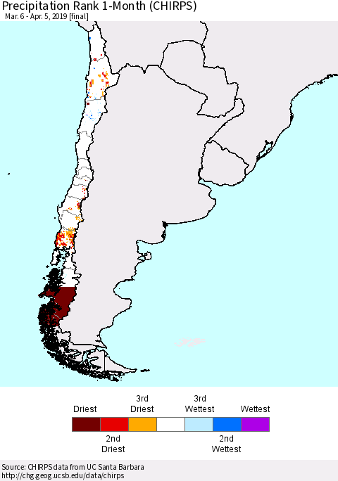 Chile Precipitation Rank since 1981, 1-Month (CHIRPS) Thematic Map For 3/6/2019 - 4/5/2019