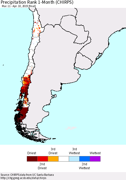 Chile Precipitation Rank since 1981, 1-Month (CHIRPS) Thematic Map For 3/11/2019 - 4/10/2019