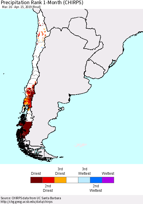 Chile Precipitation Rank since 1981, 1-Month (CHIRPS) Thematic Map For 3/16/2019 - 4/15/2019