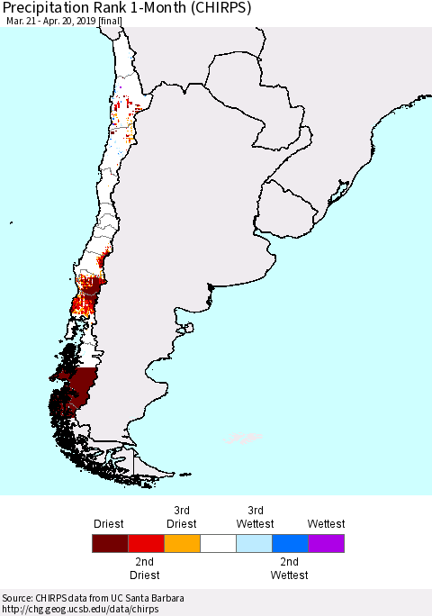 Chile Precipitation Rank since 1981, 1-Month (CHIRPS) Thematic Map For 3/21/2019 - 4/20/2019