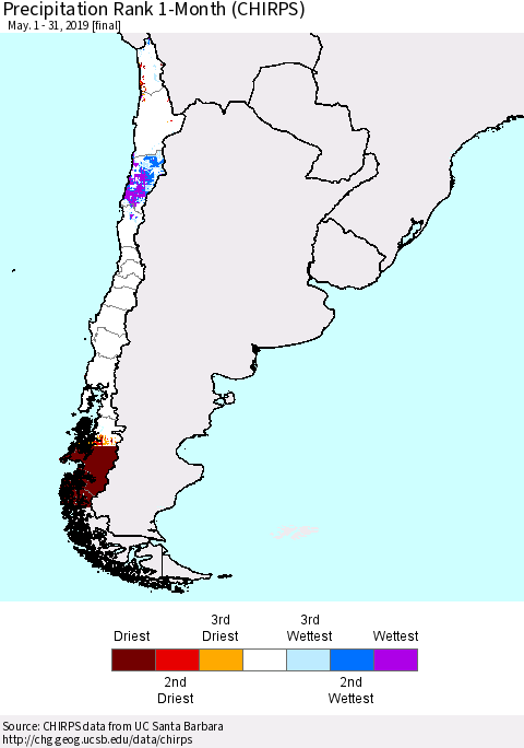 Chile Precipitation Rank since 1981, 1-Month (CHIRPS) Thematic Map For 5/1/2019 - 5/31/2019