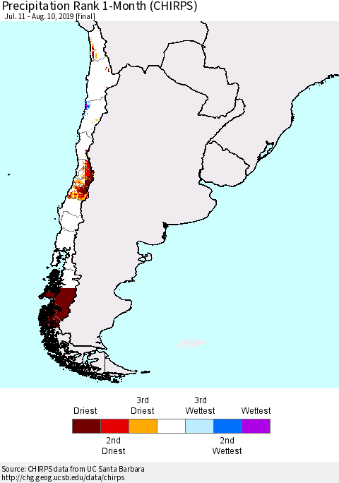 Chile Precipitation Rank since 1981, 1-Month (CHIRPS) Thematic Map For 7/11/2019 - 8/10/2019
