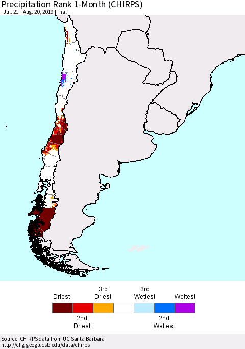 Chile Precipitation Rank 1-Month (CHIRPS) Thematic Map For 7/21/2019 - 8/20/2019