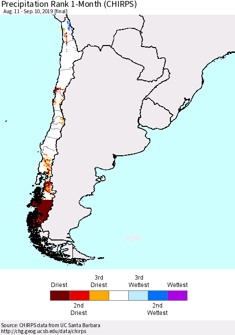 Chile Precipitation Rank since 1981, 1-Month (CHIRPS) Thematic Map For 8/11/2019 - 9/10/2019